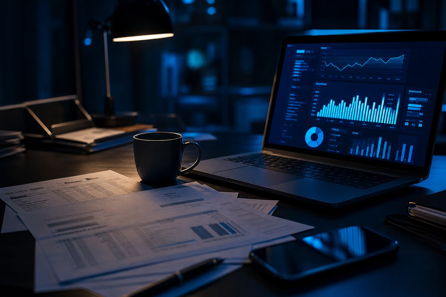 Dark moody desk with financial documents and a laptop displaying glowing blue accounting charts