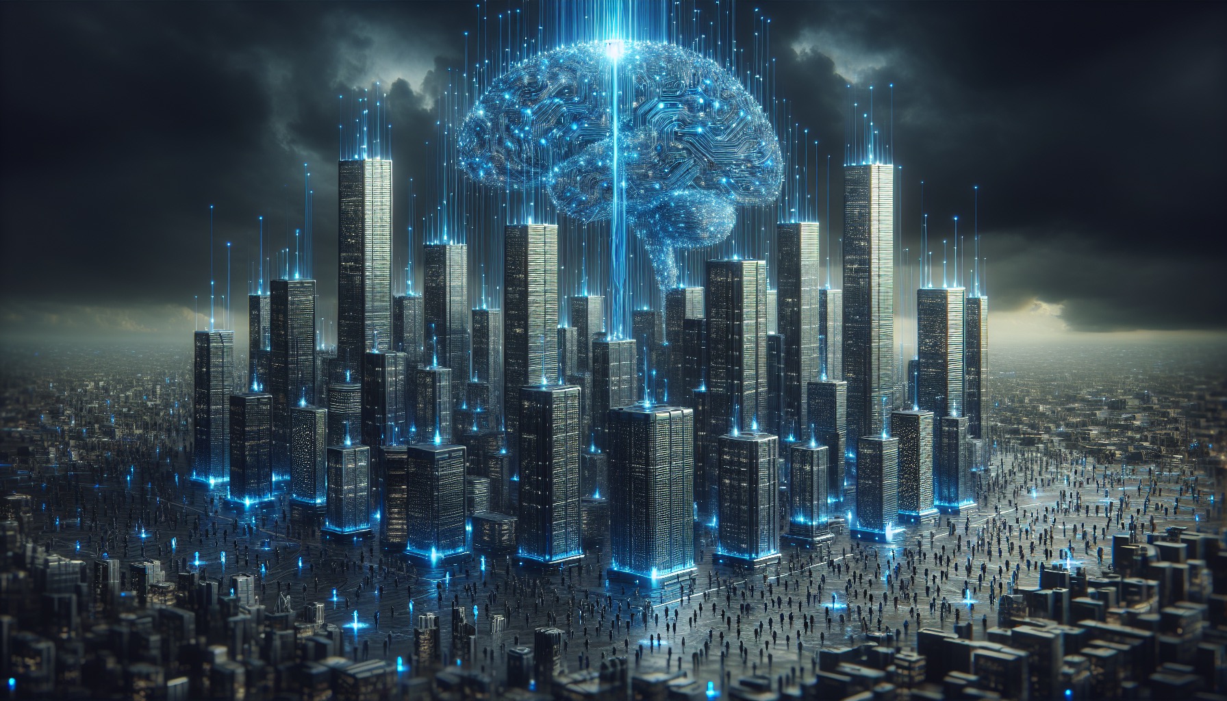 Corporate AI power concentration — glowing neural network controlled by massive corporate towers