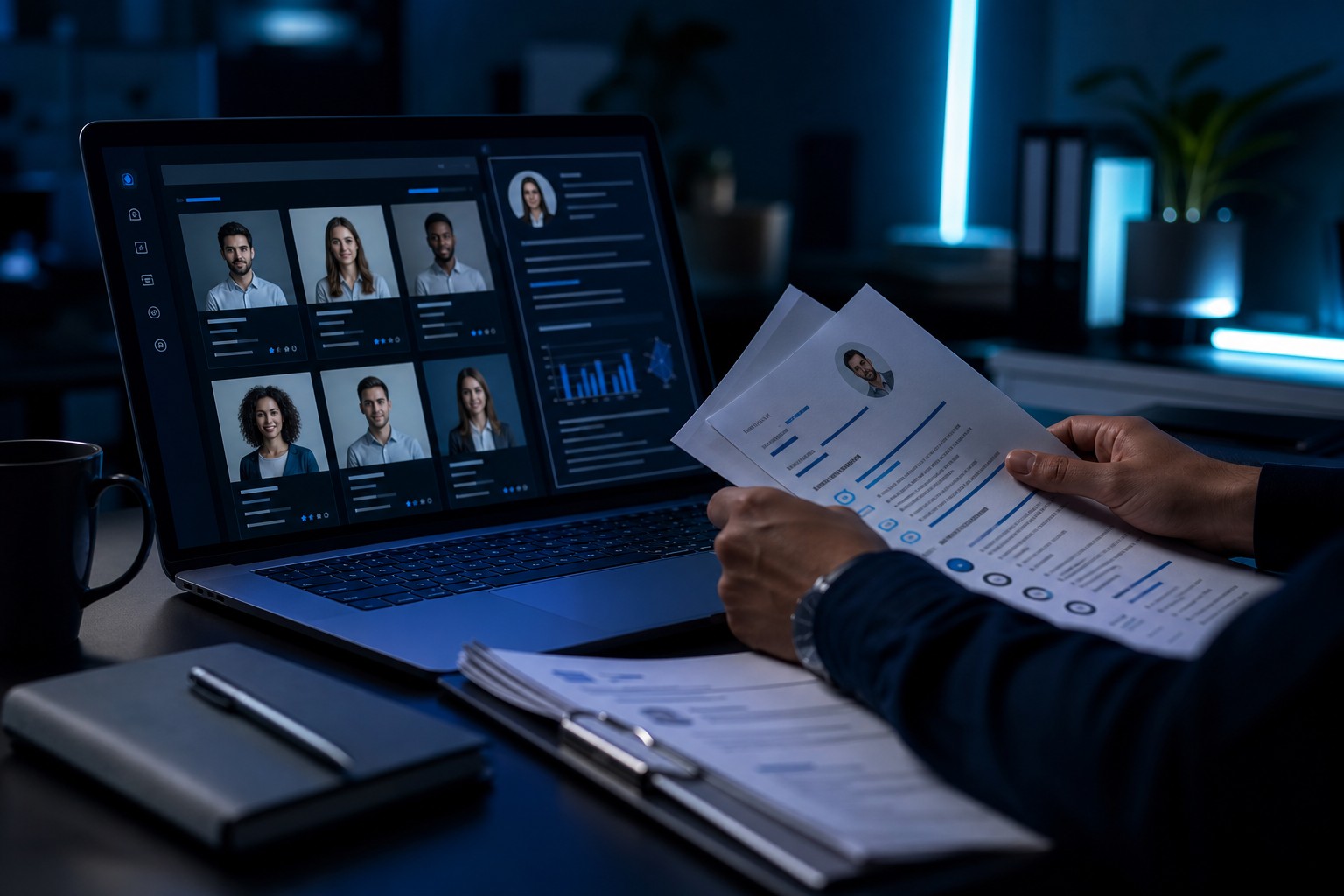 AI candidate screening dashboard on laptop in dark office with blue cyan lighting