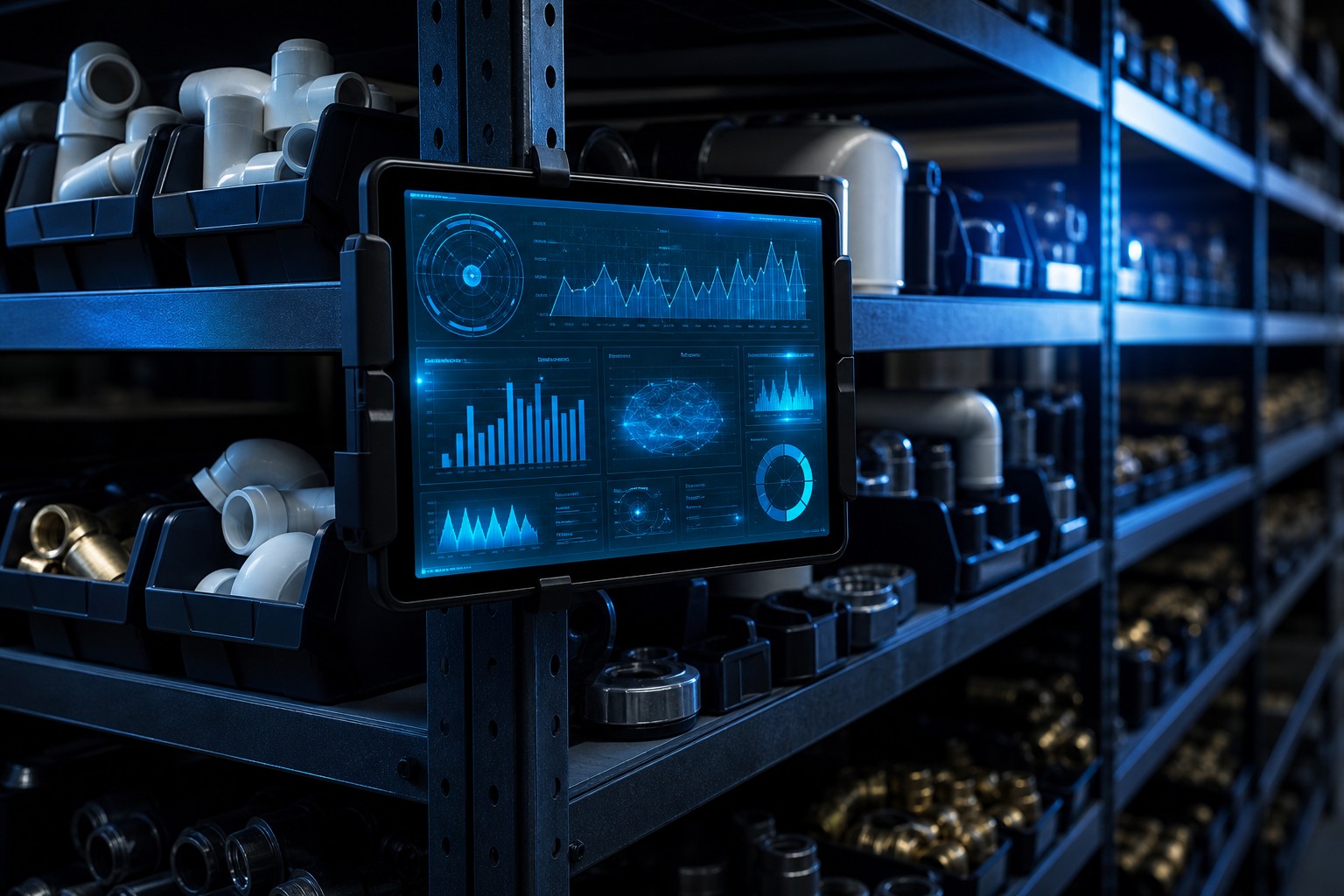 Dark warehouse shelving with parts bins and a tablet displaying a glowing blue AI inventory dashboard
