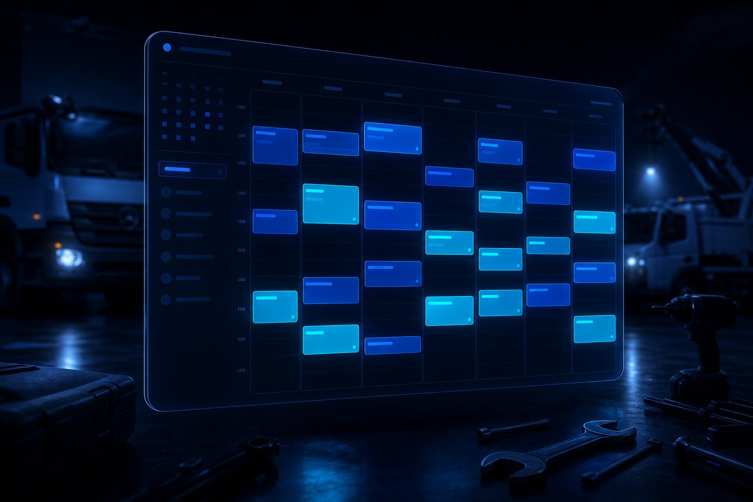 Dark moody digital scheduling interface with glowing blue and cyan appointment slots