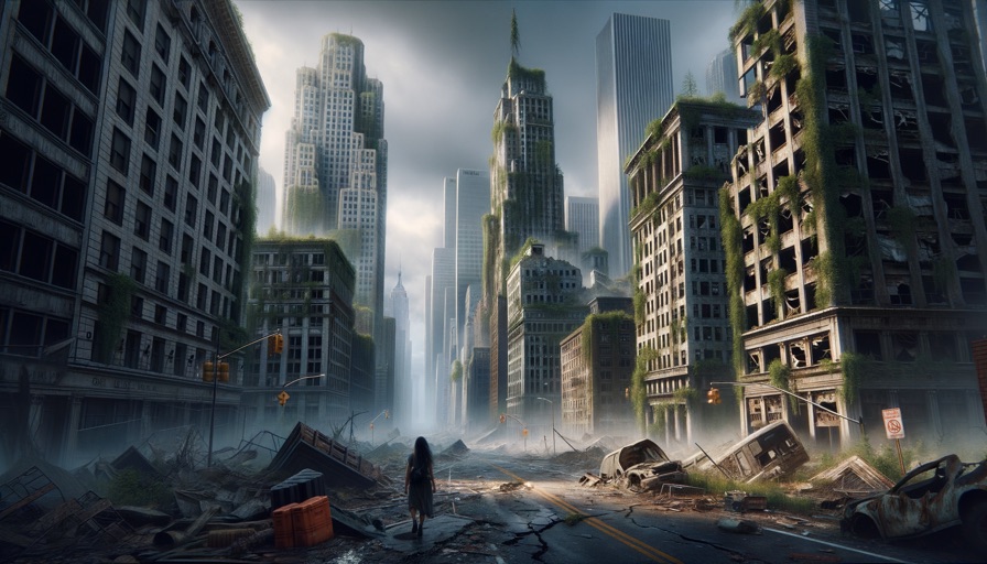 A modern city in ruins, the endgame of unchecked capitalism