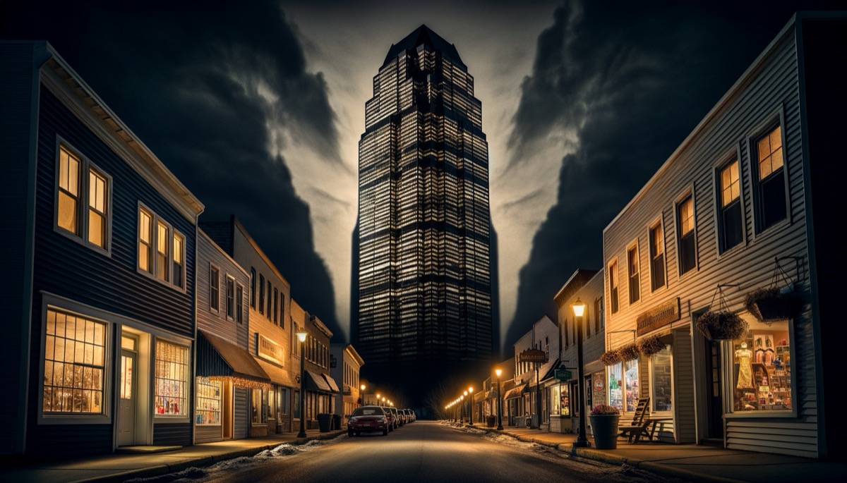 Corporate tower casting shadow over small town businesses