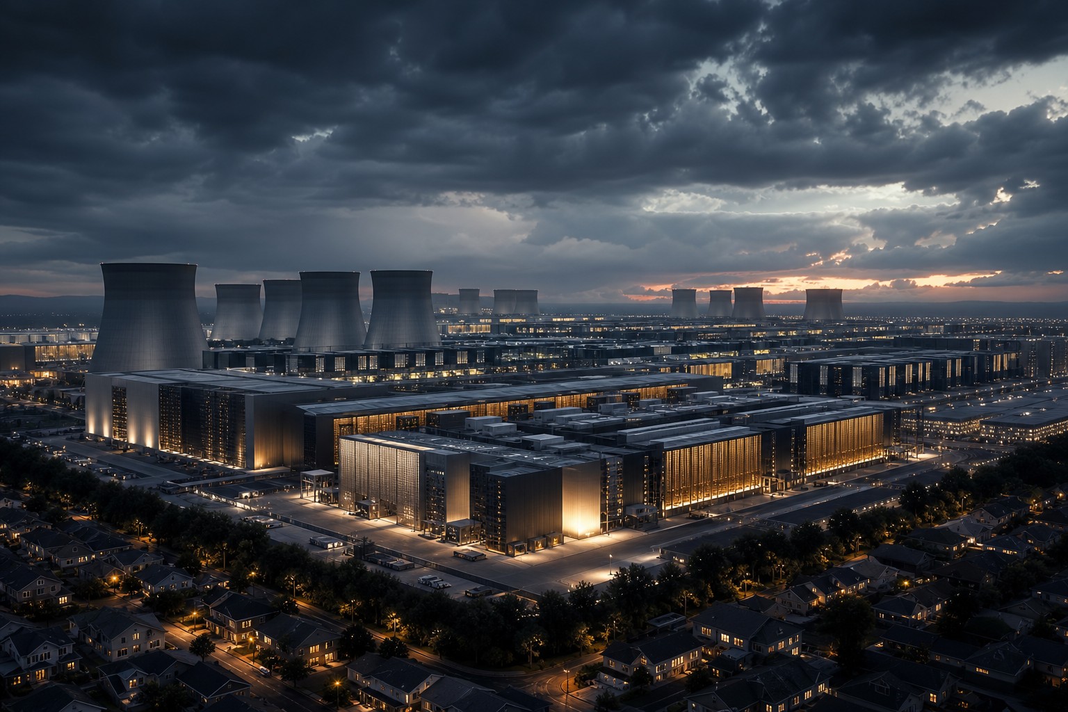 Massive data center cooling towers rising over a suburb at night