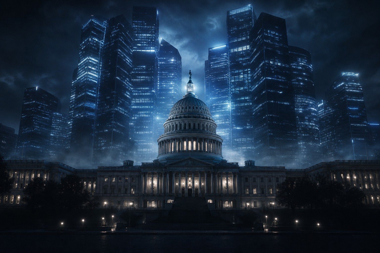 US Capitol building at night with corporate skyscrapers looming behind it