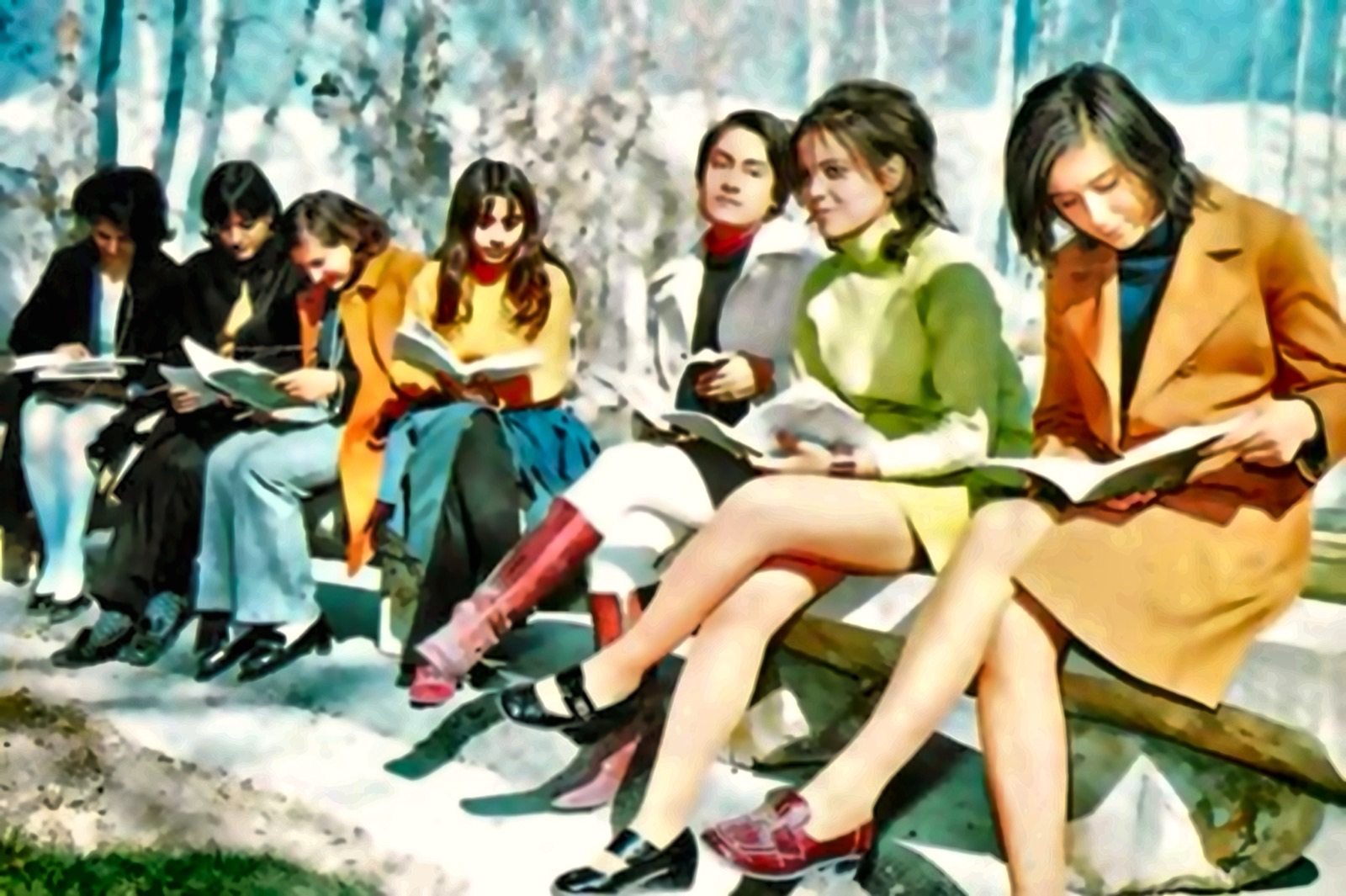 Iranian women reading outdoors in pre-1979 Iran