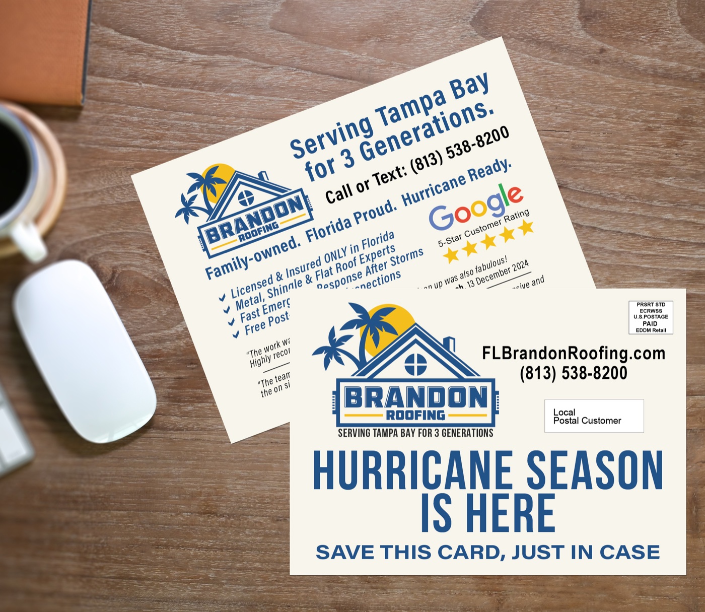 Brandon Roofing EDDM Mailer - Hurricane Season campaign, front and back